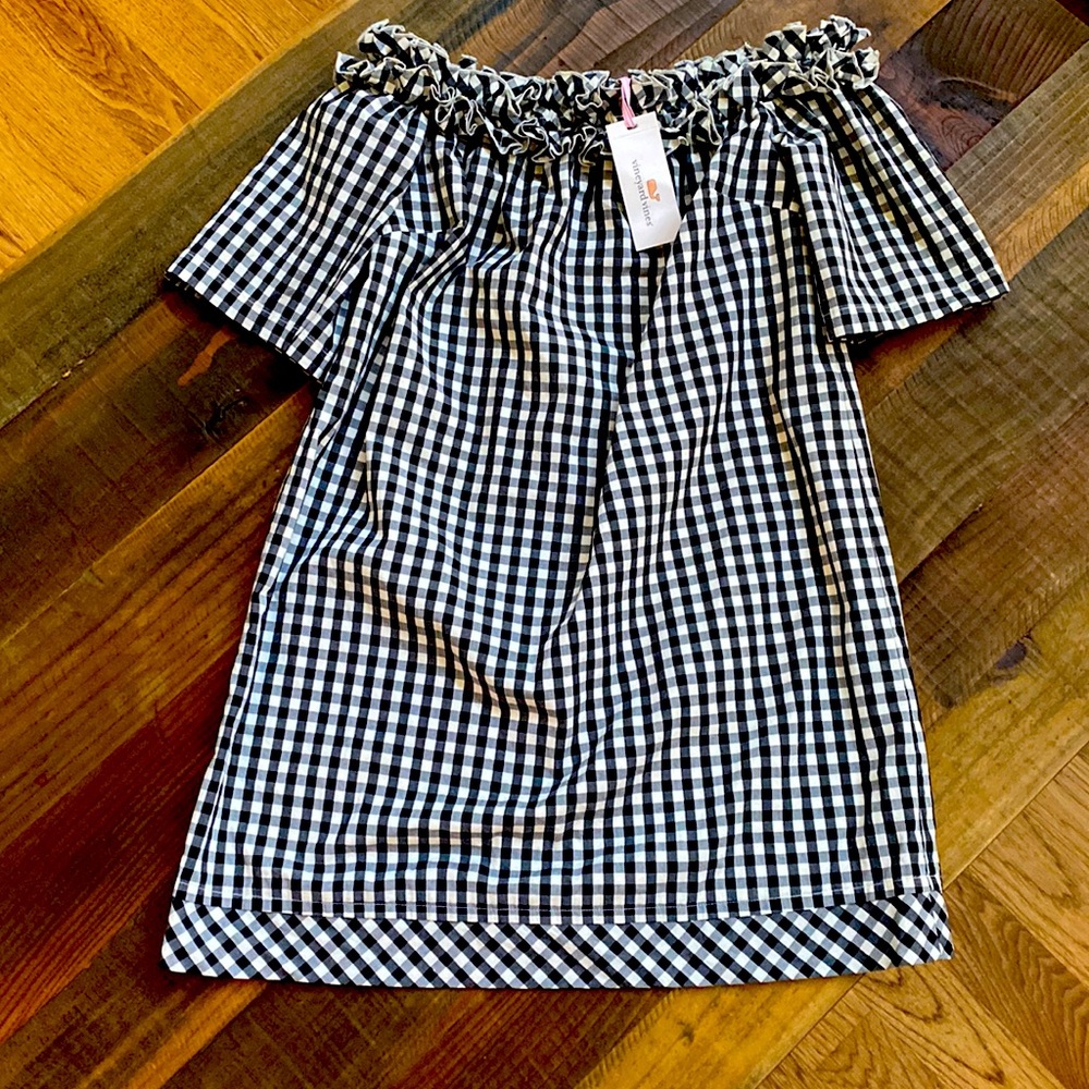 Vineyard Vines Off The Shoulder Dress- Gingham- Black and Cream- Ladies Small
